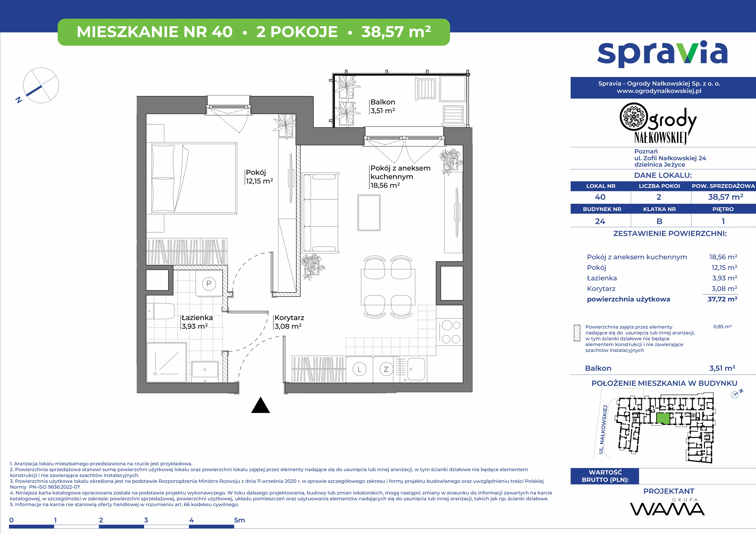 2 pokoje, mieszkanie 38,57 m², piętro 1, oferta nr 24-40, Ogrody Nałkowskiej, Poznań, Ogrody, ul. Nałkowskiej 24, 26